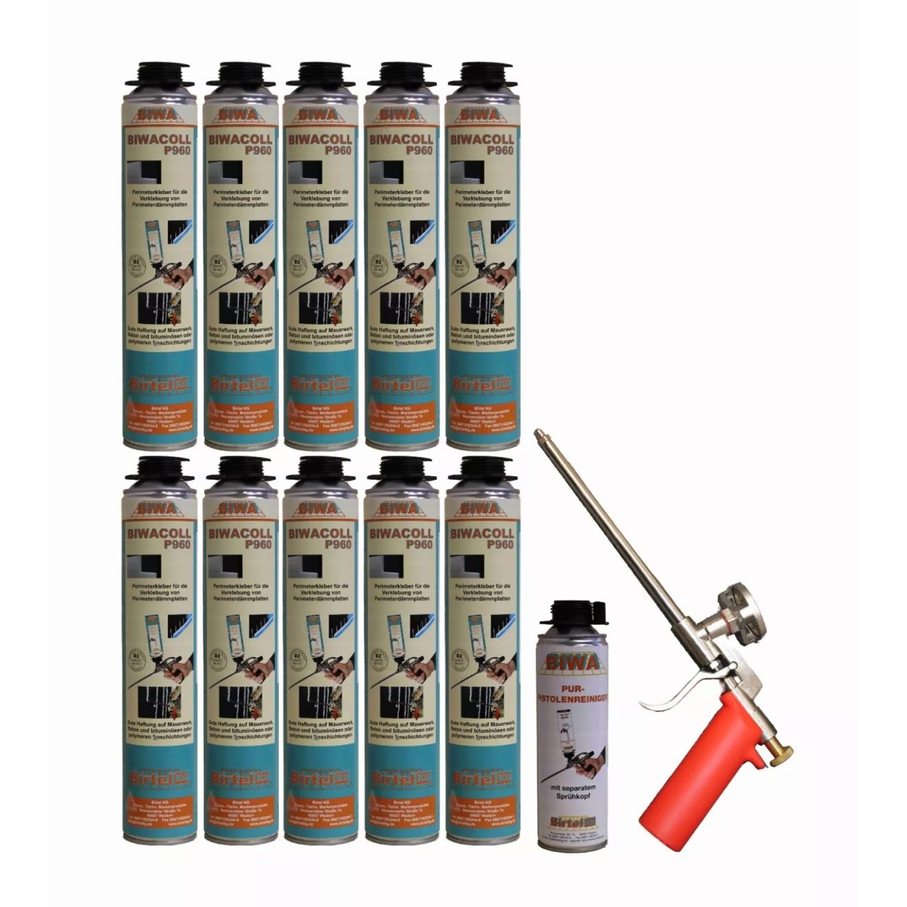 Perimeterkleber Set » Schaumpistole Metall + 10x750ml Perimeterkleber + 500ml Reiniger PF3