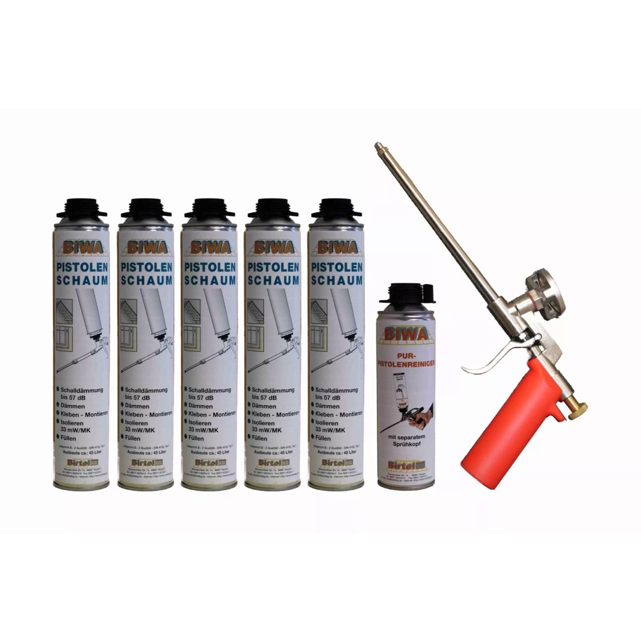 Pistolenschaum Set » Schaumpistole Metall + 5x750ml Pistolenschaum + 500ml Reiniger PF3