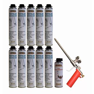 Pistolenschaum Set » Schaumpistole Metall + 10x750ml Pistolenschaum + 500ml Reiniger PF3
