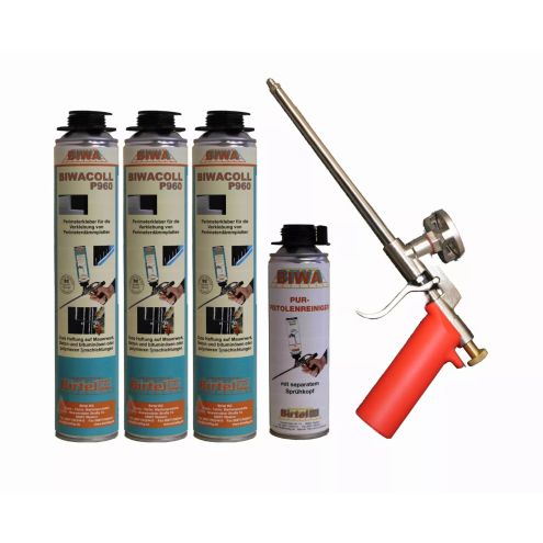 Perimeterkleber Set » Schaumpistole Metall + 3x750ml Perimeterkleber + 500ml Reiniger PF3